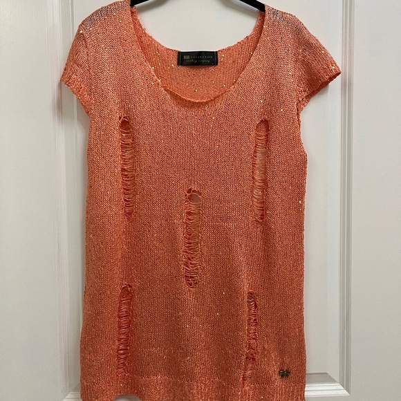 BSB Collection Tops - BSB Collection Orange Sequin Distressed Knit Top – Size M